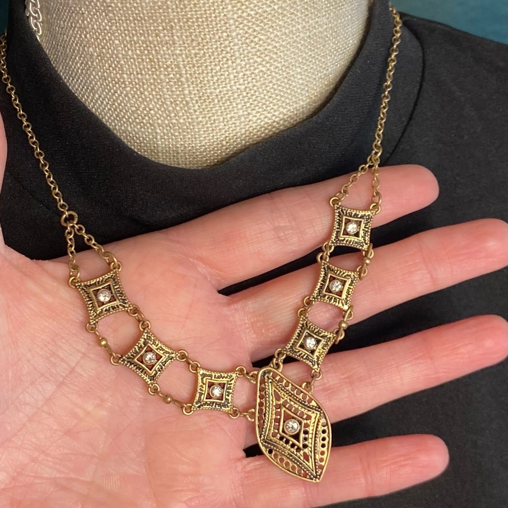 Vintage Boho Style Gold Toned Metal Necklace w/Crystal Embellishments - Picture 3 of 4